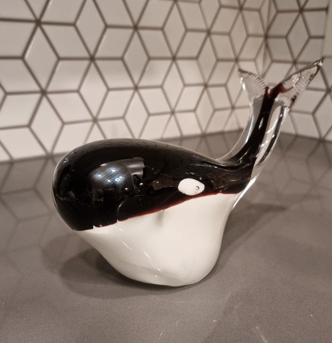 Orca Killer Whale Black & White Art Glass Paperweight Statue 9"