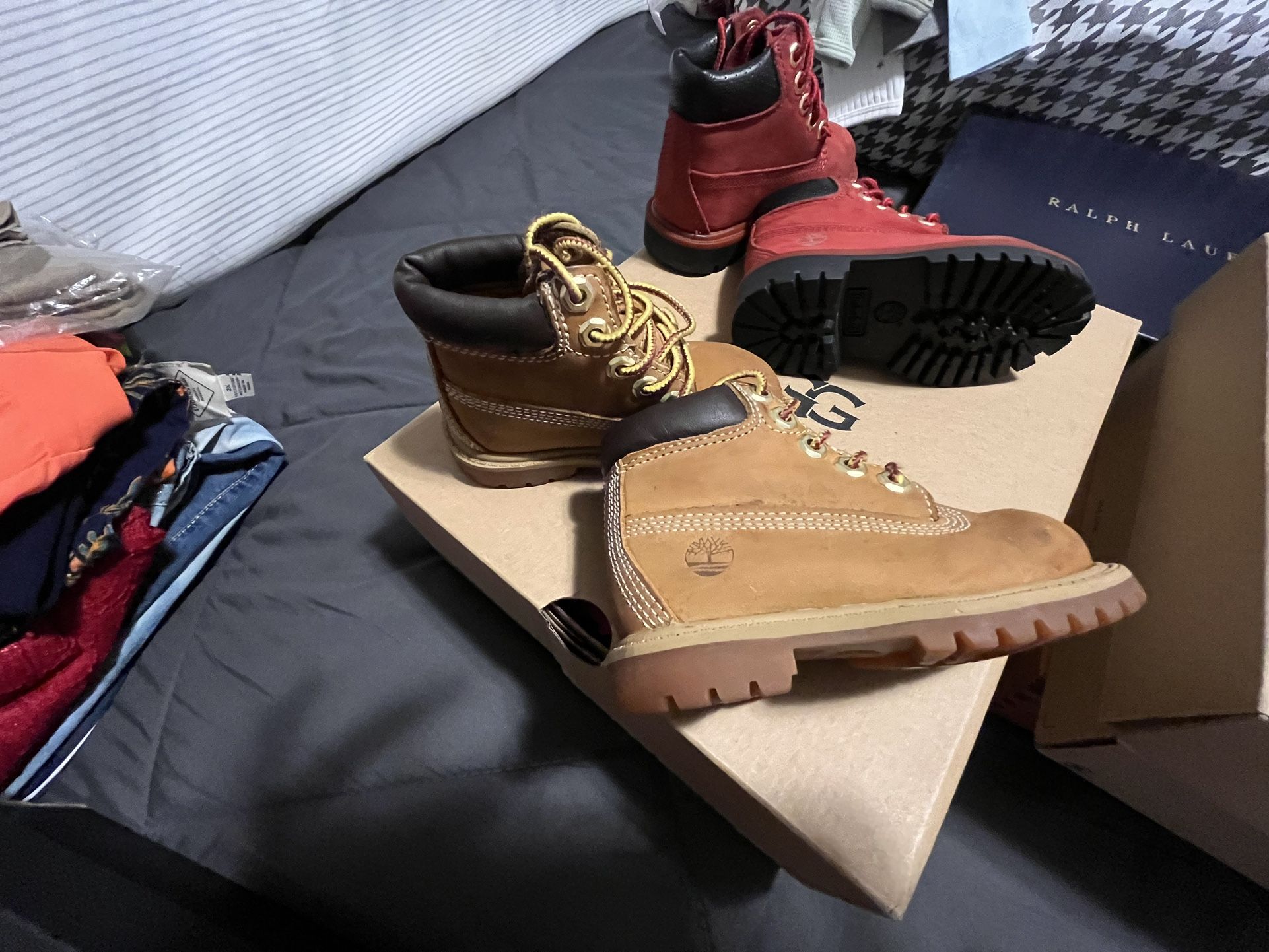 Size 5c Timberland Red Pair And Gold $45 Each..BOTH.. For $80 .. Used In Good Condition!!