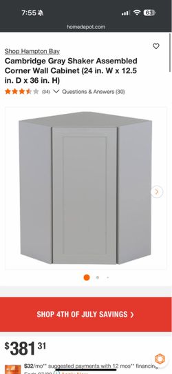 Hampton Bay Cambridge Gray Shaker Assembled Corner Cabinet $99