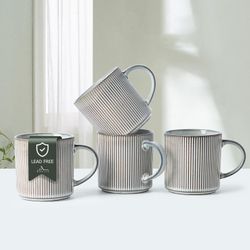 16Oz Coffee Mugs Set Of 4, Rustic Ceramic Coffee Cups Set With Large Handle, Vintage Striped Stoneware Coffee Mugs For Latte, Cocoa, Tea, Milk, Microw