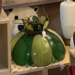 Vintage Two Tone Emerald Green Tiffany Style Slag Glass Tulip Hanging Pendant Lamp - 18" Dia