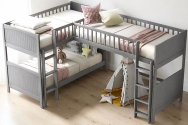 Gray L-Shaped Twin Bunk Bed with Ladders