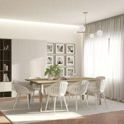 * BRAND NEW- DISCOUNTEDUP TO 50% OFF* • This set included: 4 Armchairs & 1 Rectangular table. • 100% FSC Eucalyptus Wood and Black Sling.