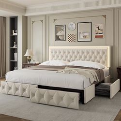 Full/Queen Upholstered LED Bed Frame with Adjustable Headboard＆4 Storage Drawers