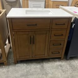 37'' Bathroom Vanity Solid Wood Cabinet Stone Countertop(Top Damaged )