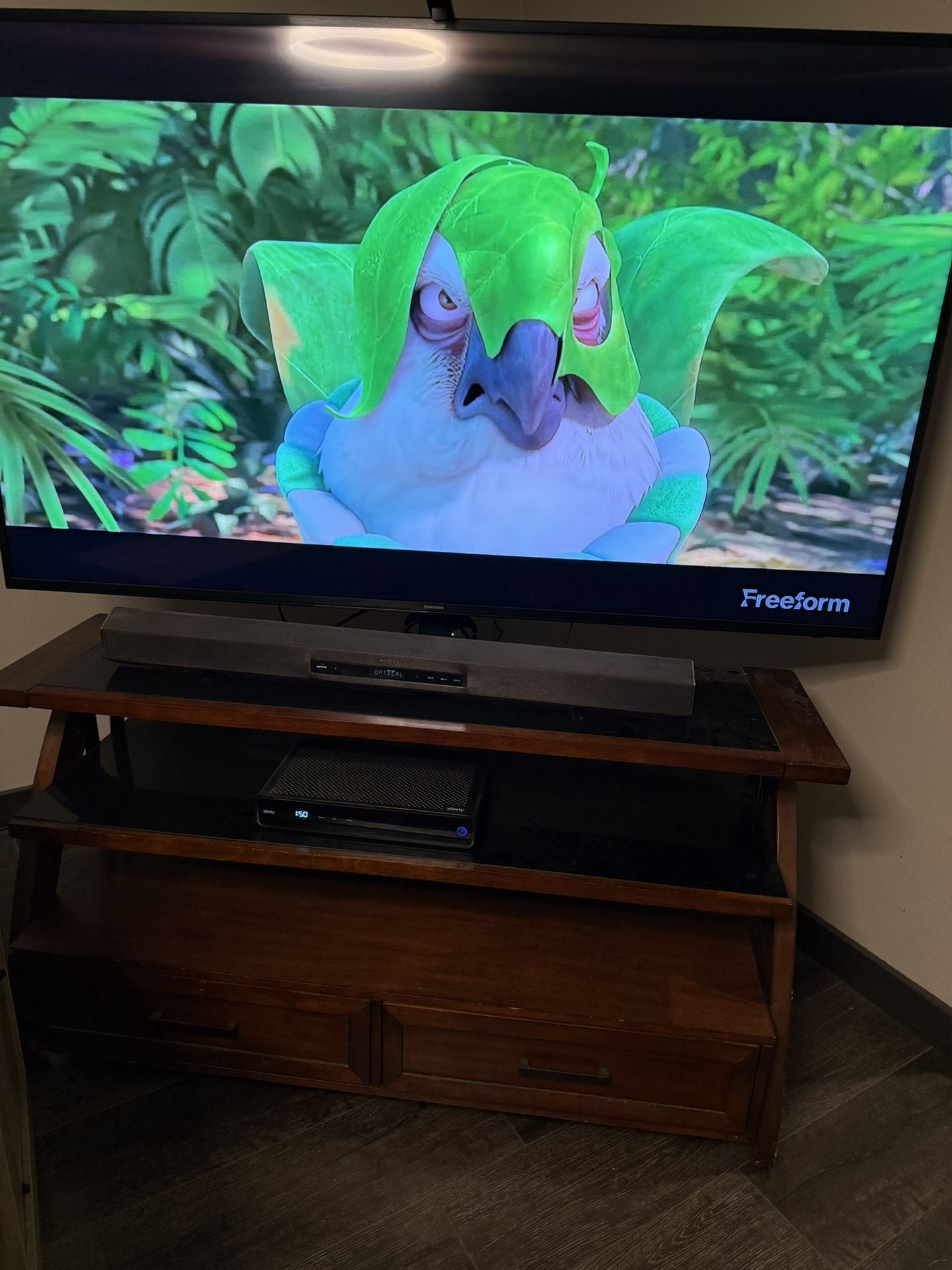 65” Samsung TV with Cherrywood With Smoked Glass Tv Stand.