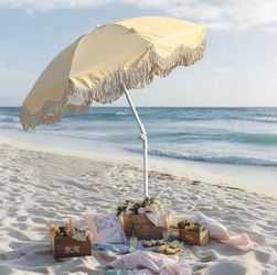 Fringe Beach Umbrella 6ft 8-rib with Anchor (Color Opt: Yellow Stripe/ Purple Stripe - Outdoor Sports Home Garden - Independence Day Sale