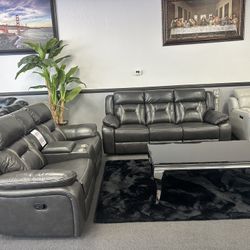 2PC Gray Leather Sofa & Loveseat