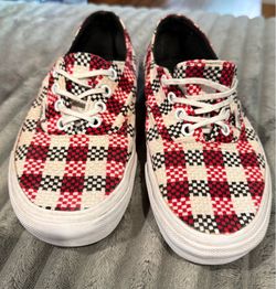 VANS Skating Shoes VTG BLACK Red & White Plaid Wool Women 7.5 Mens 6