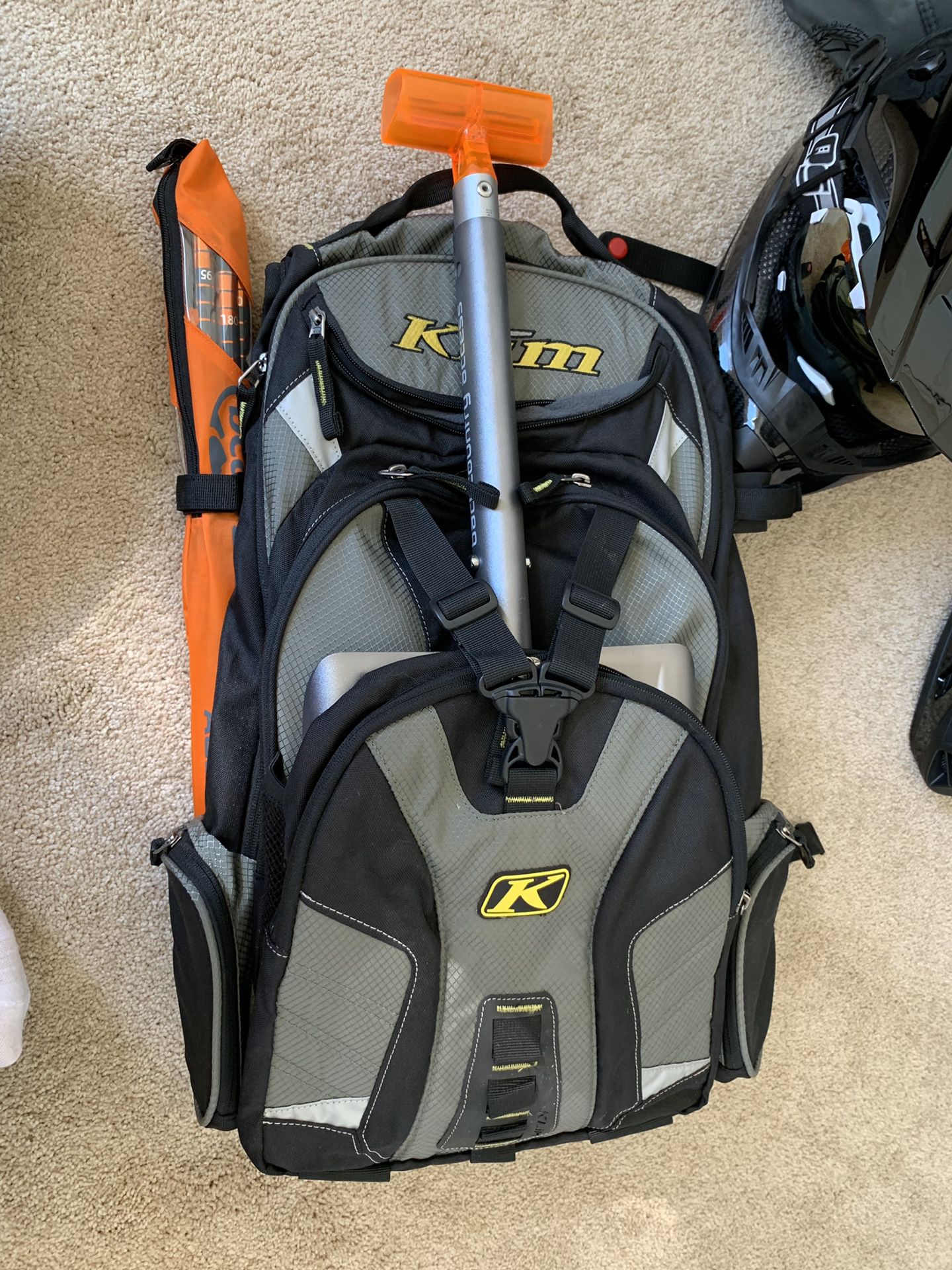 Klim snowmobile backpack, back country probe and shovel