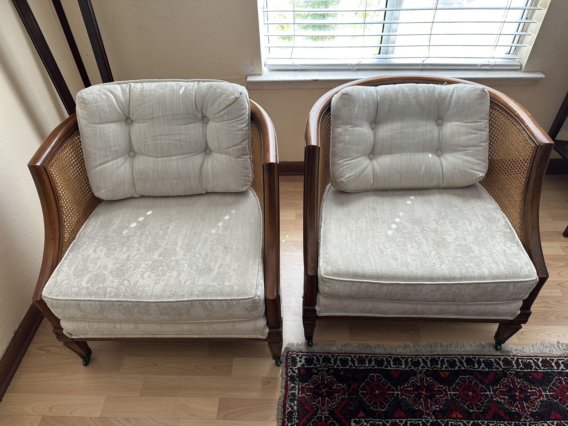 Pair of Vintage Mid-Century Cane-Back Armchairs with Tufted Cushions