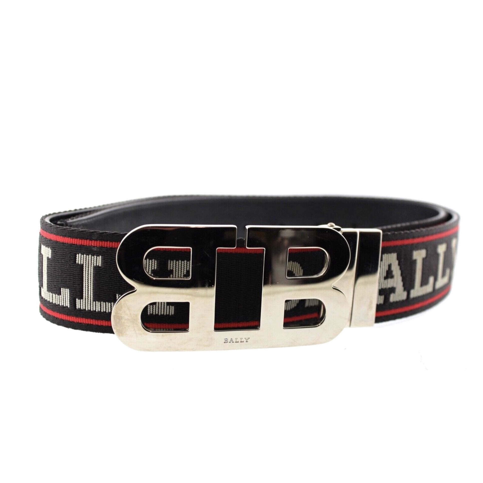 Bally Mirror B Buckle Belt Size 40 Black Red White Leather Textile