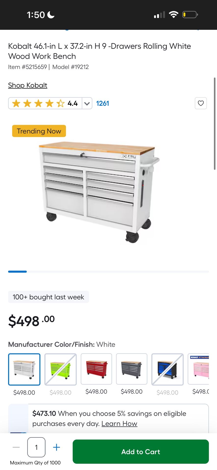 Kobalt Rolling White Wood Work Bench