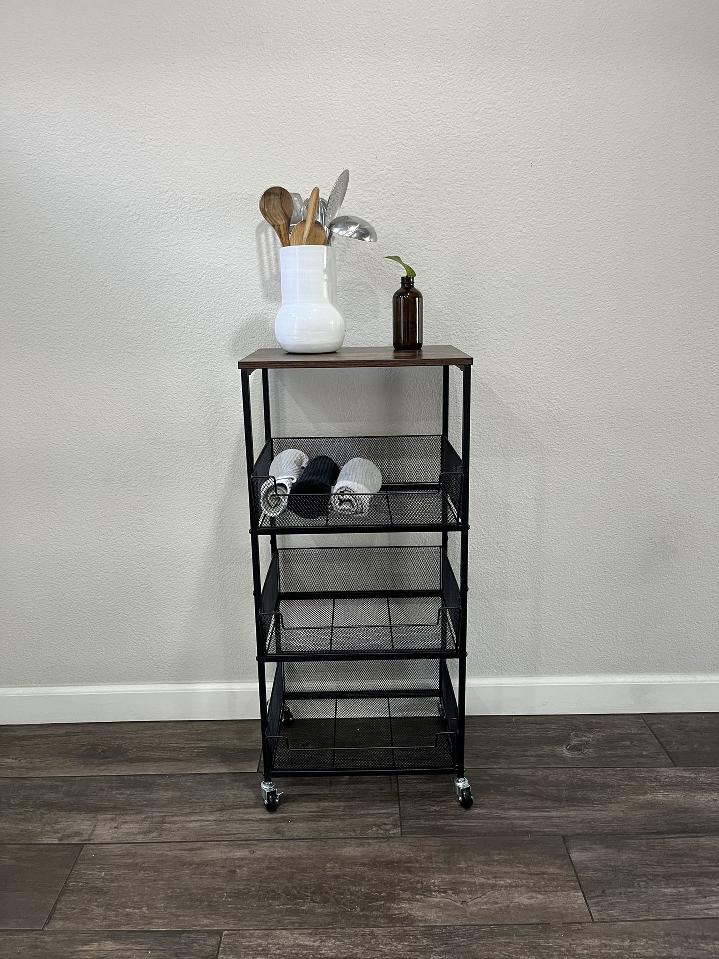 Fruit Basket Kitchen Cart 4 Tier Rolling Storage Cart Wood Top