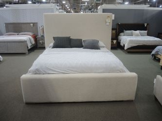 Modern White Boucle High-Back Upholstered Bed