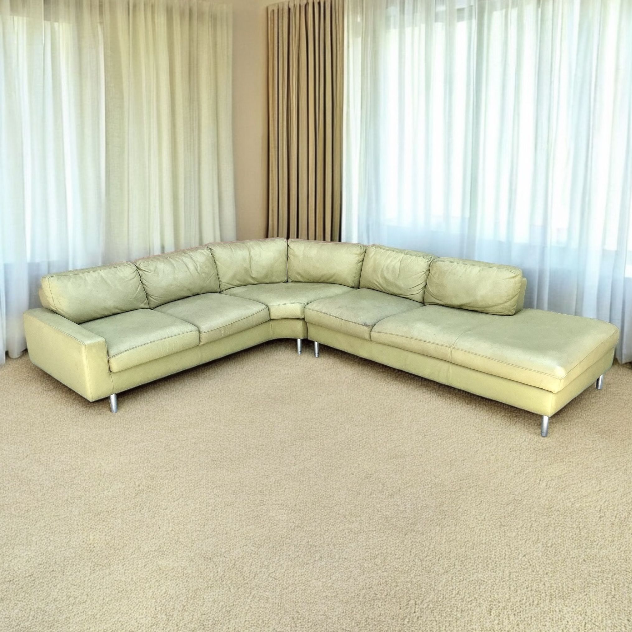 Chartreuse Green Leather 110” by 98” 2pc Mid Century Modern Sectional Sofa