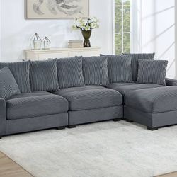 4-Pcs Modular Set  Color: Dark Gray; Material: Corduroy  LAF/RAF Chair: 45" x 40" x 37"H; Armless Chair: 37" x 40" x 37"H; Ottoman: 45" x 28" x 20"H. 