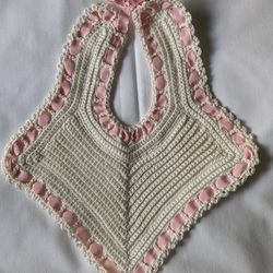 Vintage Crochet Baby Bib. Cream w/Pink Ribbons