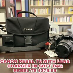 CANON REBEL TO WITH LENS CHARGER IN SOFT BAG REBEL T6 