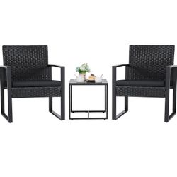 Flamaker 3 Pieces Patio Set Outdoor Wicker Furniture Sets Modern Rattan Chair Conversation Sets with Coffee Table for Yard and Bistro (Black)