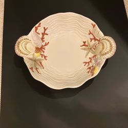 1980s Fitz And Floyd Hand Painted Coral Shells Large Server Bowl