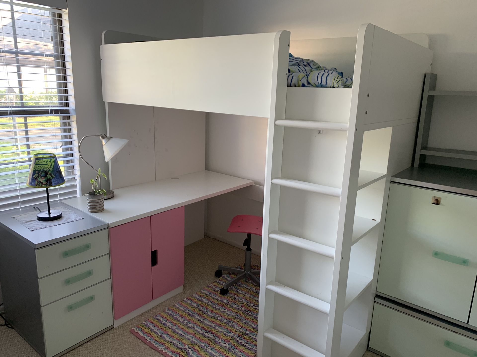 IKEA lofted twin bed/desk/bookshelf pink