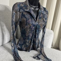 Blue And Silver Flowery Blouse With Sleeves