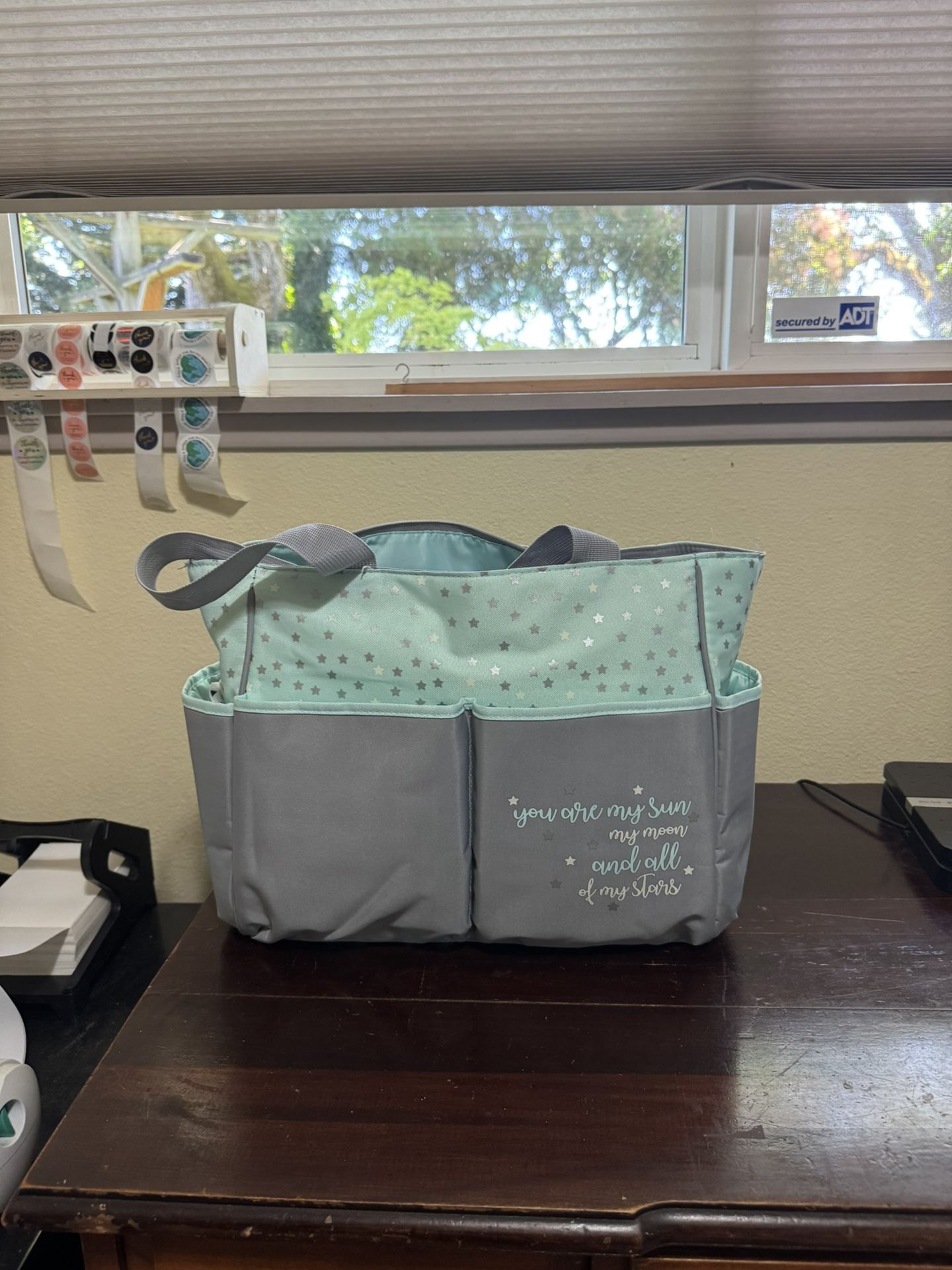 Baby Essentials Design Aqua Blue Grey Diaper Bag - You Are My Sun My Moon