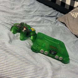 Green N64 With Expansion And Hey You Pikachu And Star Wars Rouge Squadron 