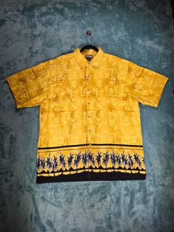 Vintage Extreme Gear Hawaiian Shirt Mens XL Yellow Palm Tree Border Print