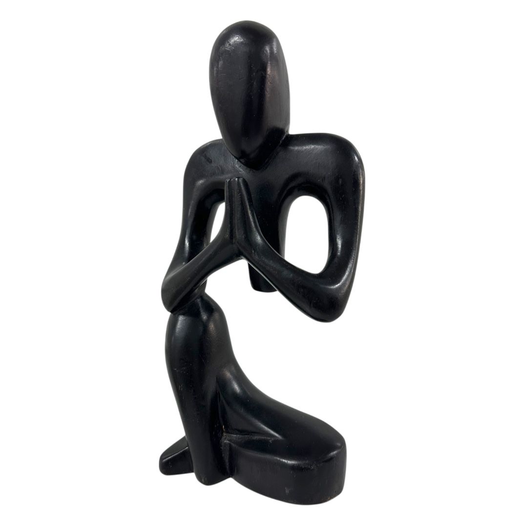 Abstract Minimalist Black Wood Carved Praying Figure Meditation Yoga Zen Decor