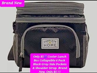 $5🌐 Cooler Lunch Box Collapsible 6 Pack Black Gray Side Pockets & Shoulder Strap. Brand New. Only $5 !!!