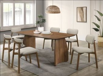 Brand New Walnut & Beige Mid-Century Modern Style 7pc Dining Table Set