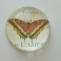 Vintage Domed Glass Decorative Paper Weight  Butterfly Colorful 3 1/2"