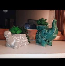 Turtle and Elephant Ceramic Planters Set of 2