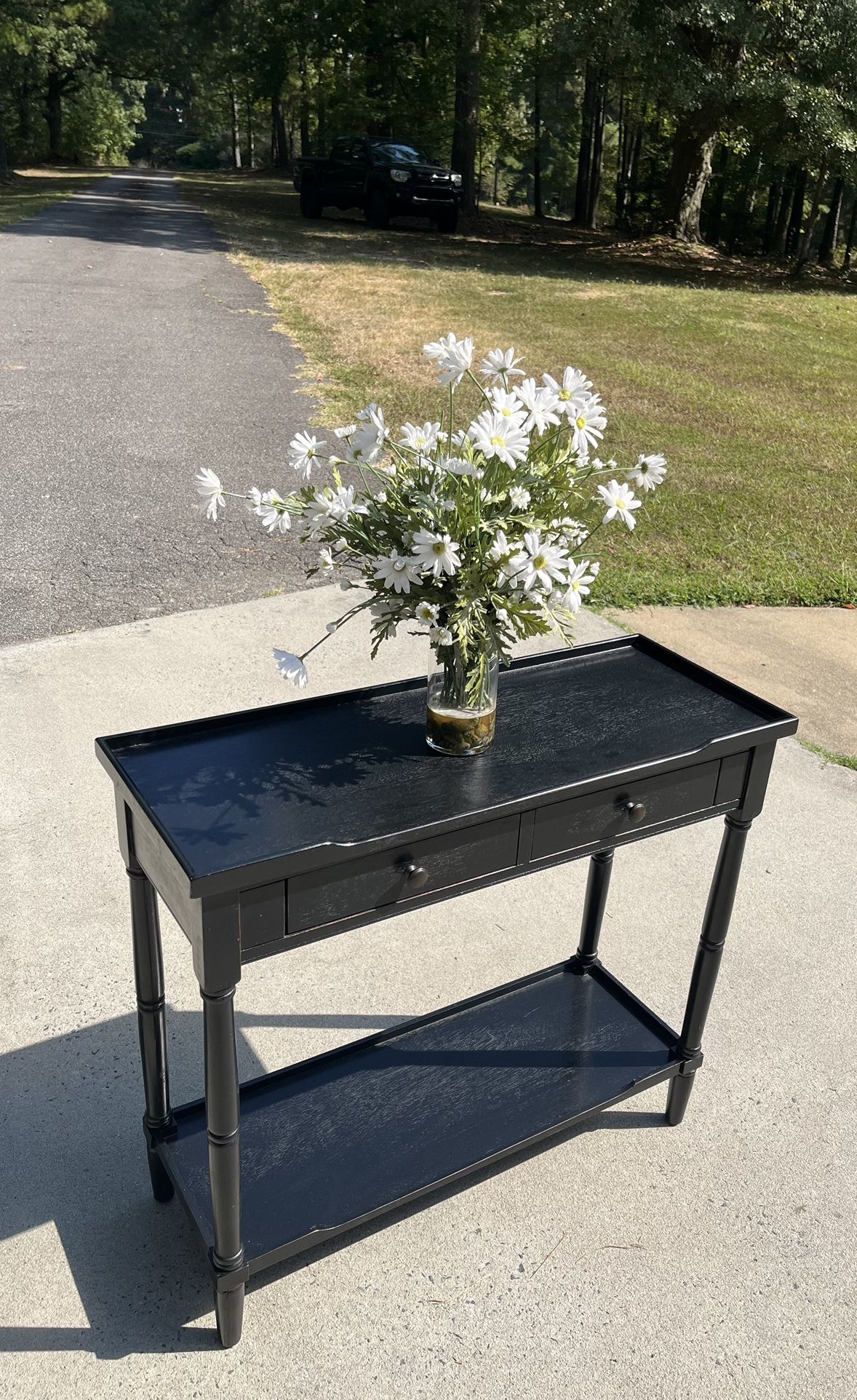 Rustic Black Accent  Table With Two Drawers and Shelves.