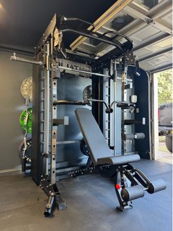 Smith Machine, Pulley System, Power Rack, Rubber Weights, Dumbbells