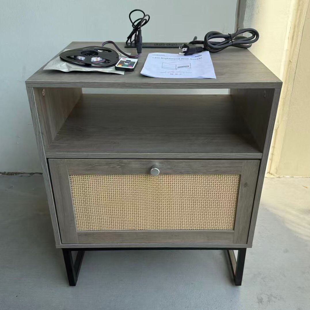 New In Box Nightstand Side Table With Electric Outlet And Color Changing LED Strip Light With Control Bedroom Office Furniture 