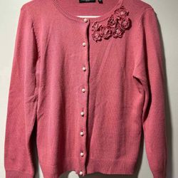 Notations Petite Pink Cardigan Sweater Pearl Buttons Flowers Womens Medium 