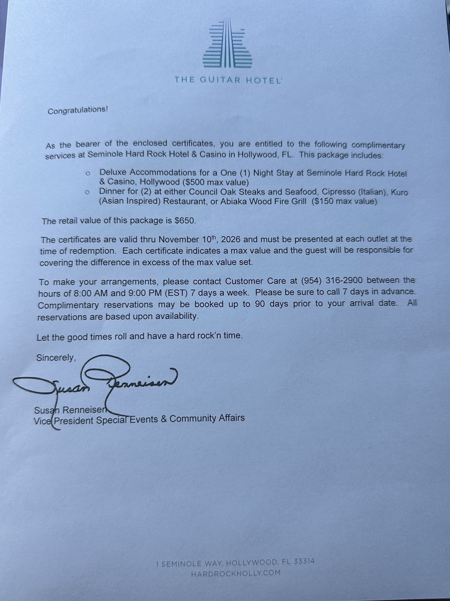 $650.00 Hard Rock Gift Certificates