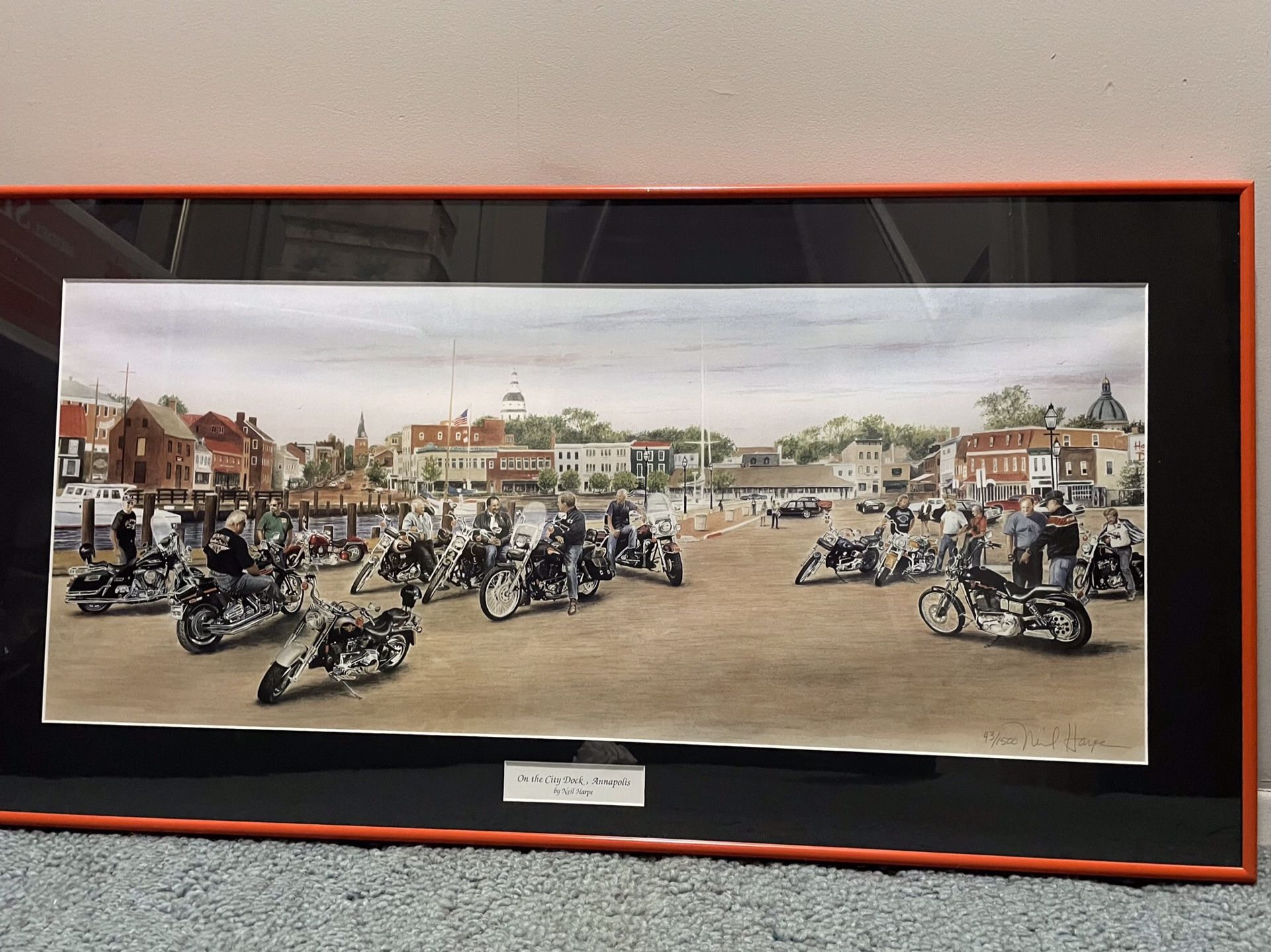 Limited Addition Framed “On The CityDock” Annapolis lithograph of Motorcycle Riders