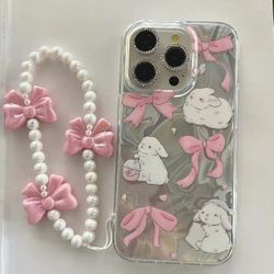 Pink Bow Bunny iPhone Case -  Coquette Phone Case with Chain Bracelet

