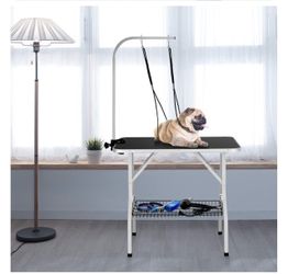 36" Dog Grooming Table with Adjustable Arm, Tool Shelf & 2 Safety Loops, Black