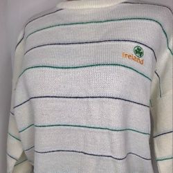 Made In Ireland Unisex Cream Striped Shamrock Sweater 1980s