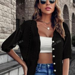 Women's Solid Color V-Neck Short Sleeve Hollow Out Casual Commuting Cardigan (Pattern Random), Spring & Summer（small）