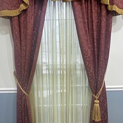 Elegant Burgundy & Gold Curtain Set w/ Valance & Sheers