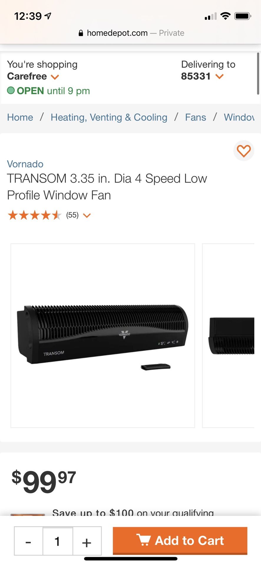 Vornado TRANSOM 3.35 in. Dia 4 Speed Low Profile Window Fan for Sale in