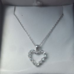 Sterling Silver (925) Open Heart Pendant Necklace with Lab-Grown Stones – New