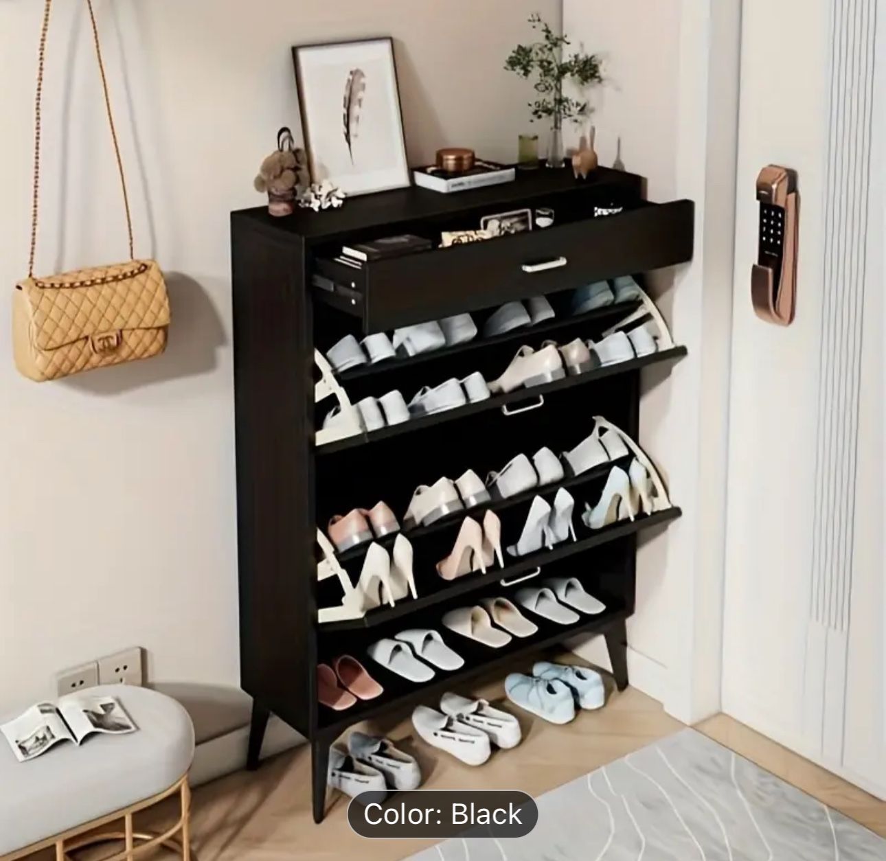 1pc Black Wooden Shoe Cabinet With 2 Flip Drawers - Modern Entryway Storage Organizer - For Home Furniture - Space Saving - Perfect Gift for Housewarm