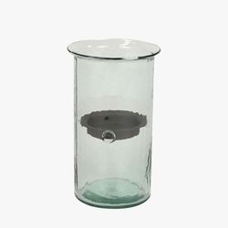 Pottery Barn Handmade Glass Hurricane Candle Holder With Rustic Tray Large 15”